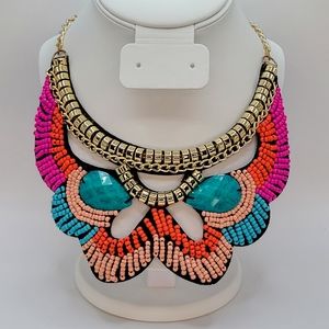 Colorful Turquoise Coral Pink Gold Beaded Tribal Bib Necklace